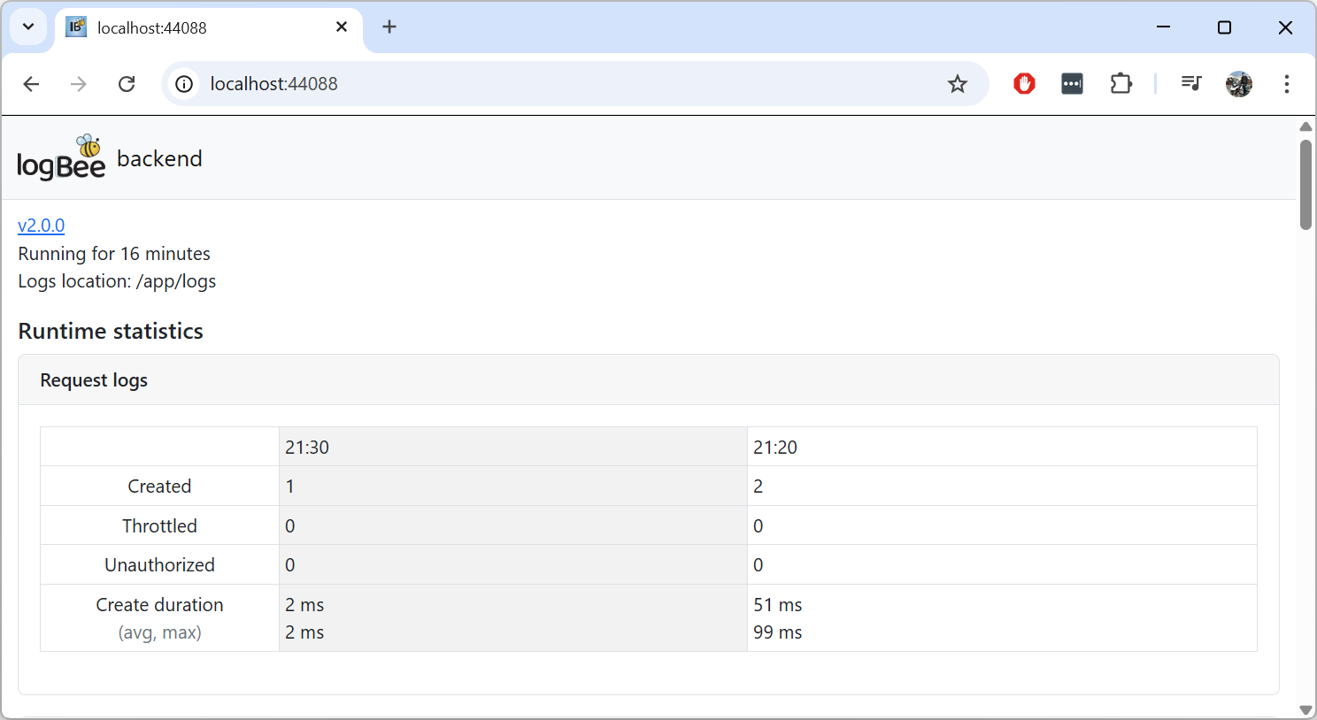 Logbee.Backend running as Docker container
