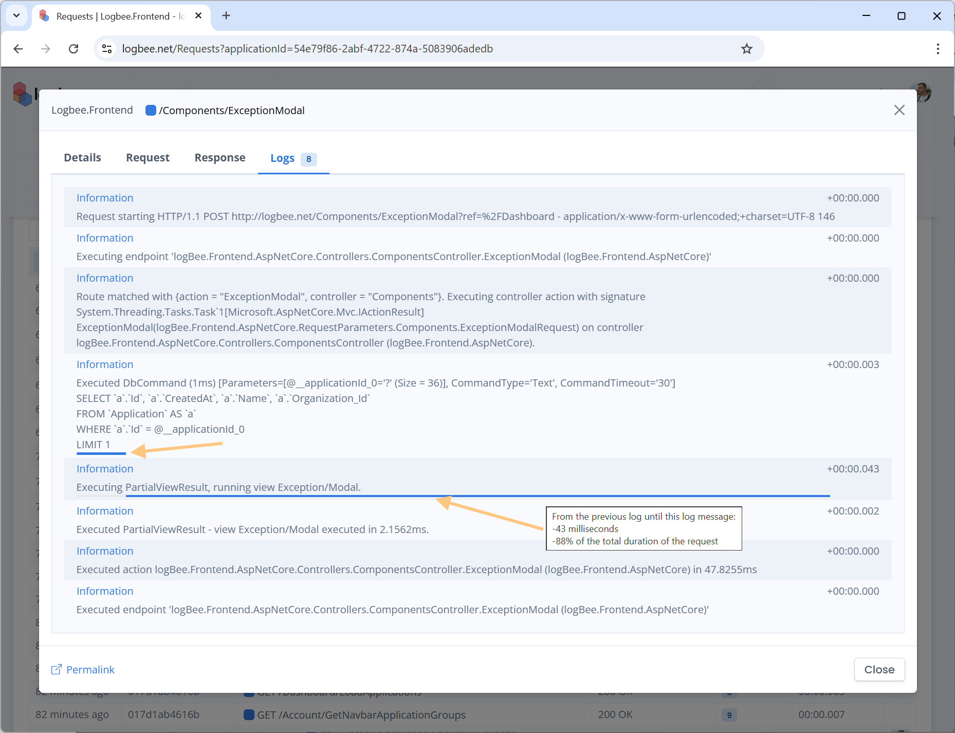 Highligting duration between two log entries